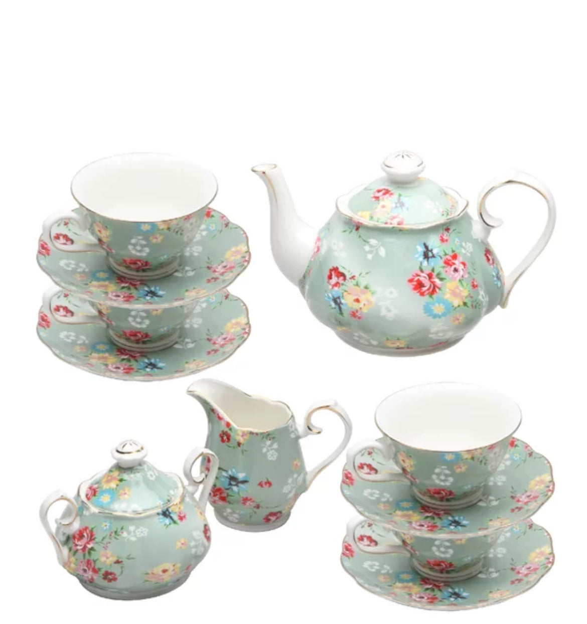 Delicate light blue and pink tea set